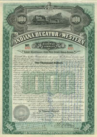 Indiana, Decatur and Western Railway Co. - $1,000 (Uncanceled)